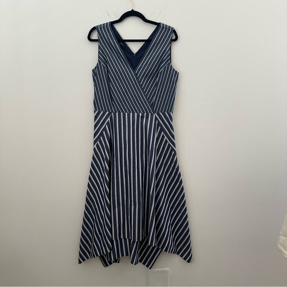 Lafayette 148 A-Line Dress Size 10 Navy White Demetria Striped Handkerchief Hem